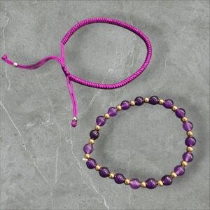 2 Piece Layered Amethyst Beaded Stretchy Rope Tie Bracelets